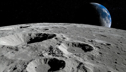 Generated image he surface of the moon with craters in outer space.