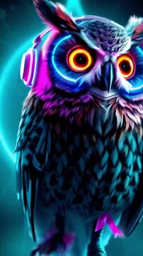 Neon Owl with Headphones Dancing to Music in a Futuristic Cyberpunk Style with Glowing Lights and Vibrant Colors