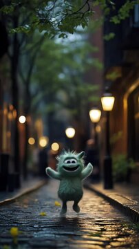 Adorable Furry Green Creature Joyfully Jumping on a Rainy Cobblestone Street Surrounded by Warm Streetlights
