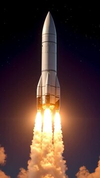 Realistic 3D Render of a Powerful Space Rocket Launching at Night with Fiery Thrusters and Smoke Clouds