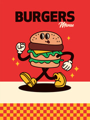 Retro Style Burger Guy Poster. Vector Illustration of Old Fashion Vintage Cartoon Happy Concept. Street Food Menu.