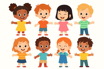 Set of happy multiethnic kids. Group of diverse children characters smiling with open arms. Cute cartoon vector illustration of multicultural boys and girls standing together.