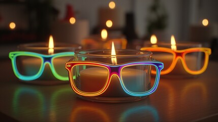Diwali diya with funky neon glasses on luminous white blur, modern Indian festival, trendy celebration