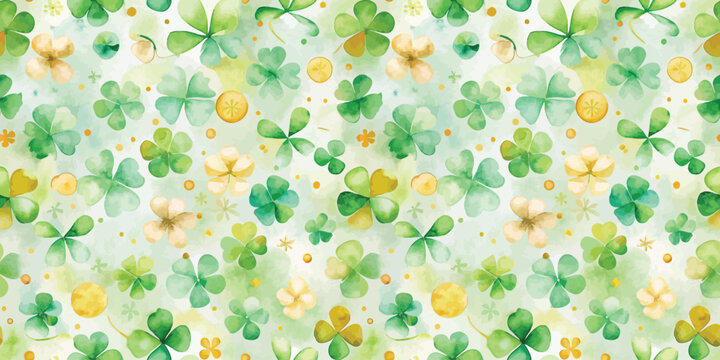 A vibrant watercolor pattern featuring green shamrocks and golden accents.