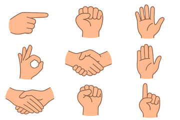 Hand gesture icon collection vector set. Cartoon hands showing different signs. Fist, pointing finger, ok symbol, handshake for agreement, stop, waving. Communication concepts.
