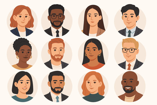 Collection of diverse people avatars. Set of multicultural business character portraits. Male and female user profile icons. Global team, community, and company staff concept.