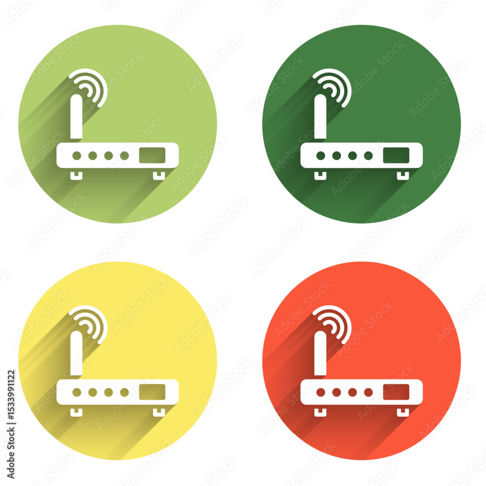 Poster set router and wi-fi signal icon isolated with long shadow background. wireless ethernet modem route