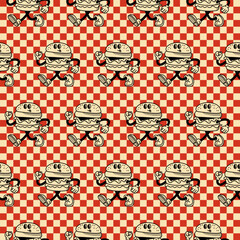 Retro Burger Red Seamless Pattern. Vector Illustration of Old Fashion Vintage Cartoon Happy Concept. Street Food. Texture Background.