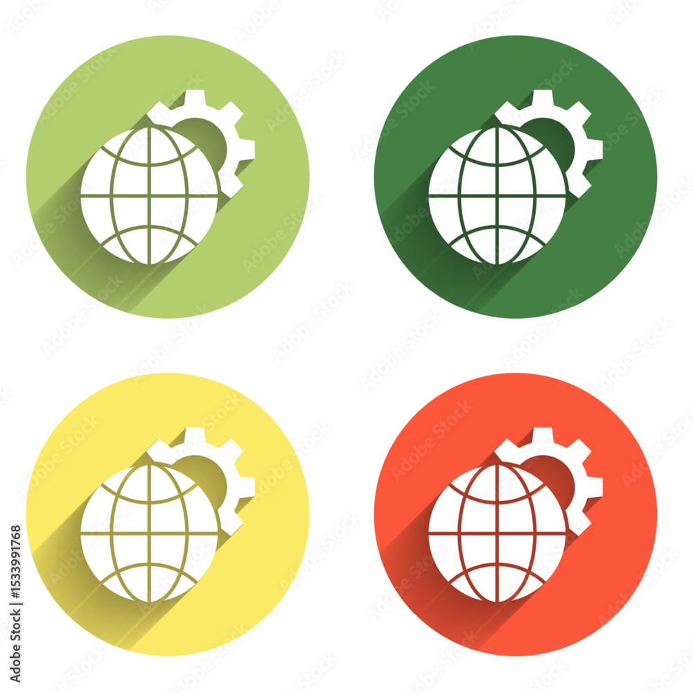 Poster set globe of the earth and gear or cog icon isolated with long shadow background. setting parameters