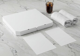 Minimalist Mockup Scene with Pizza Box, Rolled Towels, A4 Papers, and Cola on Marble Surface - Perfect for Food Delivery, Hospitality, and Branding Projects