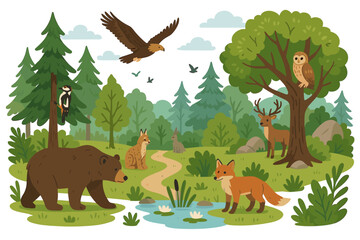 Forest animals wildlife scene with diverse woodland creatures. Vector illustration of a nature ecosystem with bear, fox, deer, eagle, owl, lynx, and rabbit. Cute cartoon landscape.