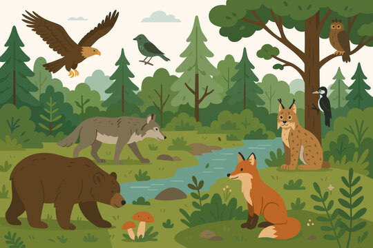 Forest animals wildlife scene. Cute cartoon vector illustration with bear, wolf, fox, lynx, eagle, owl and woodpecker in a green woodland landscape. Nature ecosystem concept.