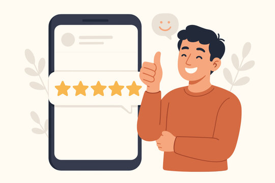 Customer satisfaction concept. Happy man gives 5 star rating. Positive feedback on mobile phone screen. User experience with thumbs up. Excellent service review. Client testimonial.