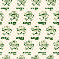 Retro Burger Green Seamless Pattern. Vector Illustration of Old Fashion Vintage Cartoon Happy Concept. Street Food. Texture Background.