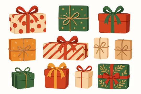 Set of vintage Christmas gift boxes. Collection of festive holiday presents with ribbon bows. Retro style illustrated surprise packages for celebration design. Isolated vector elements.