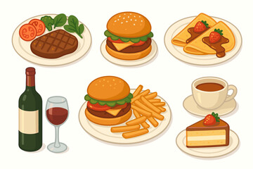 Food and drink vector illustration set. Collection of restaurant menu icons with steak, burger, fries, cake, coffee, wine, and crepes. Dining and fast food concept art.