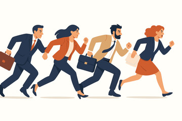 Business people running in a hurry. Corporate professionals in a race against time. Concept of competition, deadline, stress, and the daily hustle in the modern business world.