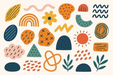 Collection of hand drawn abstract organic shapes and doodles. Modern minimalist design elements. Contemporary boho art with naive texture. Vector set for decoration and creative projects.