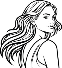Elegant woman with long flowing hair line art