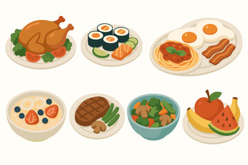 Food icons set vector illustration. Collection of various meal plates for breakfast, lunch, and dinner. Nutrition and healthy diet concept. Chicken, sushi, steak, spaghetti, fruit.