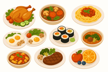 Colorful food set illustration. Collection of various meal dishes on plates. Healthy eating concept with chicken, pasta, steak, sushi, eggs, soup, fruit. Nutrition diet icons.