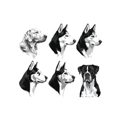 Set of Dog Breed Head Portraits in Black and White Vector Style on White Background