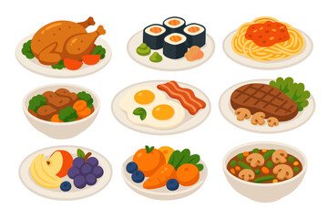 Fototapeta premium Food icon set with various meals. Cartoon collection of breakfast, lunch, dinner dishes. Vector illustration of chicken, sushi, pasta, steak, soup, eggs, fruit, vegetables.