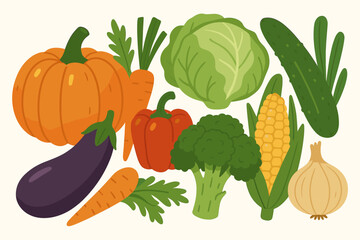 Set of fresh organic vegetables. Vector illustration of farm harvest food. Healthy cartoon food collection with pumpkin, carrot, cabbage, eggplant, broccoli, corn, bell pepper.