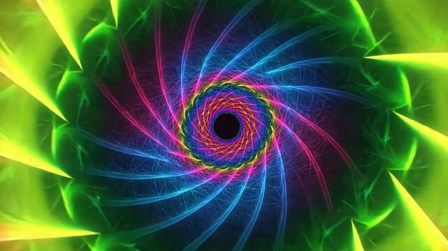 Tunnel of shifting fractals pulses with neon colors in surreal atmosphere  