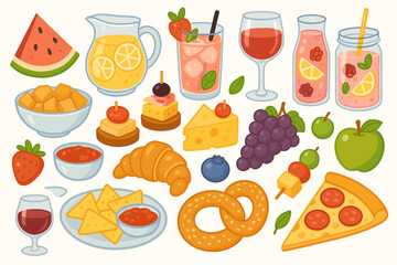 Summer picnic food and drink set. Vector collection of isolated cartoon elements for an outdoor party. Meal with pizza, wine, lemonade, fruit, cheese, canapés, and snacks.