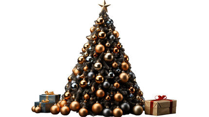 Dark Christmas tree with gold ornaments, festive winter decor, holiday season gifts, isolated on transparent background.