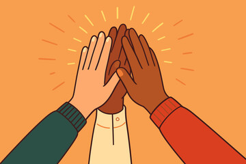 Group of diverse people giving a high five. Teamwork, success, and collaboration concept. Unity in diversity, partnership and support symbol. Vector illustration of friends.