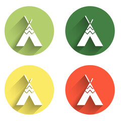 Set Traditional indian teepee or wigwam icon isolated with long shadow background. Indian tent. Color circle button. Vector
