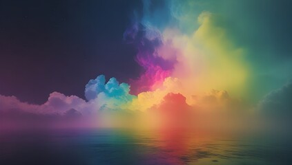 Naklejka premium Vivid, colorful clouds blend seamlessly across a serene water surface, creating a dreamlike atmosphere. Radiant hues of purple, blue, yellow, and pink dominate the scene, giving it an ethereal quality