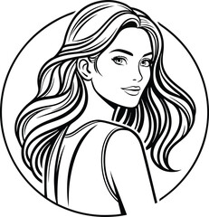 Elegant woman with long hair profile view black and white illustration