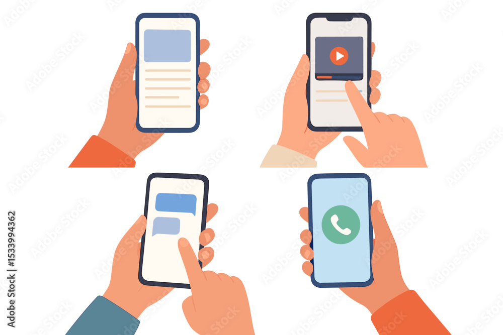 Fototapete hands holding smartphone vector illustration set. people using mobile phone apps for different actio