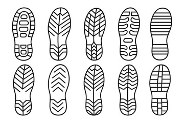 Vector shoe print sole collection footprint outline isolated on white.