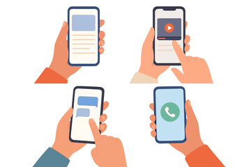Hands holding smartphone vector illustration set. People using mobile phone apps for different actions like calling, texting, watching video, and browsing. Communication and app usage concept.