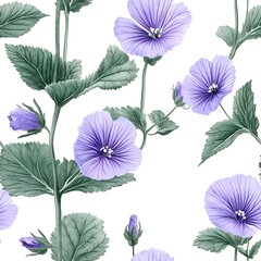Delicate purple flowers and foliage seamless pattern.