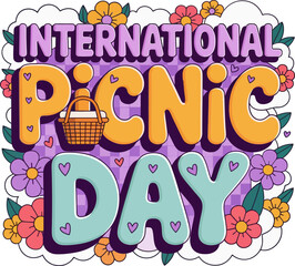 International picnic day design with bold colorful text and flowers for celebration graphics and poster use  
