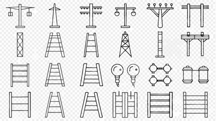 Fototapeta premium Illustration of various power line towers, ladders, street lights and fence designs in black outline style