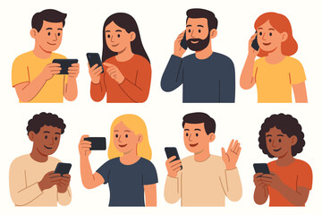 Collection of diverse characters using mobile phones. People activities with smartphones: calling, texting, gaming, taking photos, video call. Flat cartoon vector illustration set.