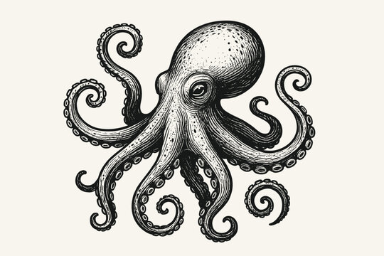 Engraving style octopus vector illustration. Hand drawn vintage black and white sketch of a marine kraken. Sea monster with tentacles for tattoo design, logo or nautical print.