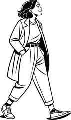 Stylish woman walking in trendy outfit black and white illustration