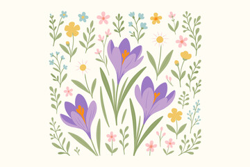 Hand-drawn spring flowers illustration with purple crocus, daisy, and buttercups. Cute botanical garden background. Vector floral arrangement for seasonal greeting card design.
