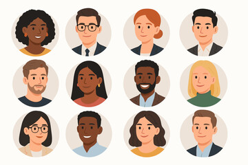 Set of diverse people avatars. Collection of multicultural male and female character portraits. Flat vector illustrations for user profiles, business teams, social media icons.