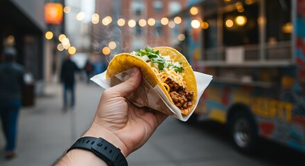 A hand holding a taco, urban food truck scene