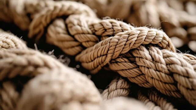 Extreme close-up of thick brown rope with intricate twisted pattern and visible fibers, creating a textured surface, neutral background.