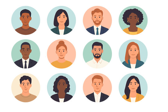 Diverse people avatar collection. Set of multicultural character portraits for business team or social media profile picture. Men and women faces. Flat vector illustration icons.
