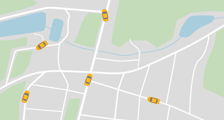 City map navigation on navigator with yellow taxi cars. Top view, view from above on taxi availability. Simple realistic map design with small town, forest, river and lakes. Vector illustration.
